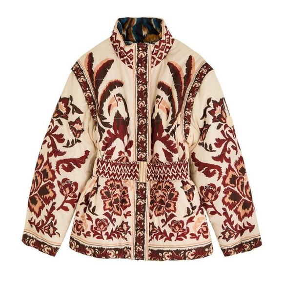 Farm Rio Toucans Scarf Reversible Puffer Jacket - L - Toucans Scarf Cream